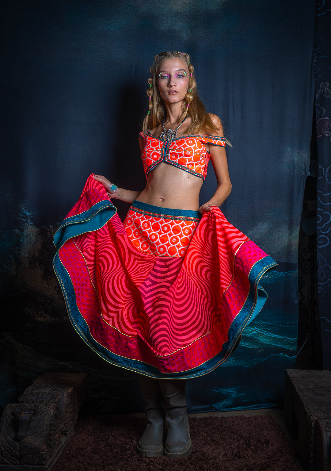 Choli & Skirt Woman Combo / Jaquard & Voile - PINKORANGE MADNESS